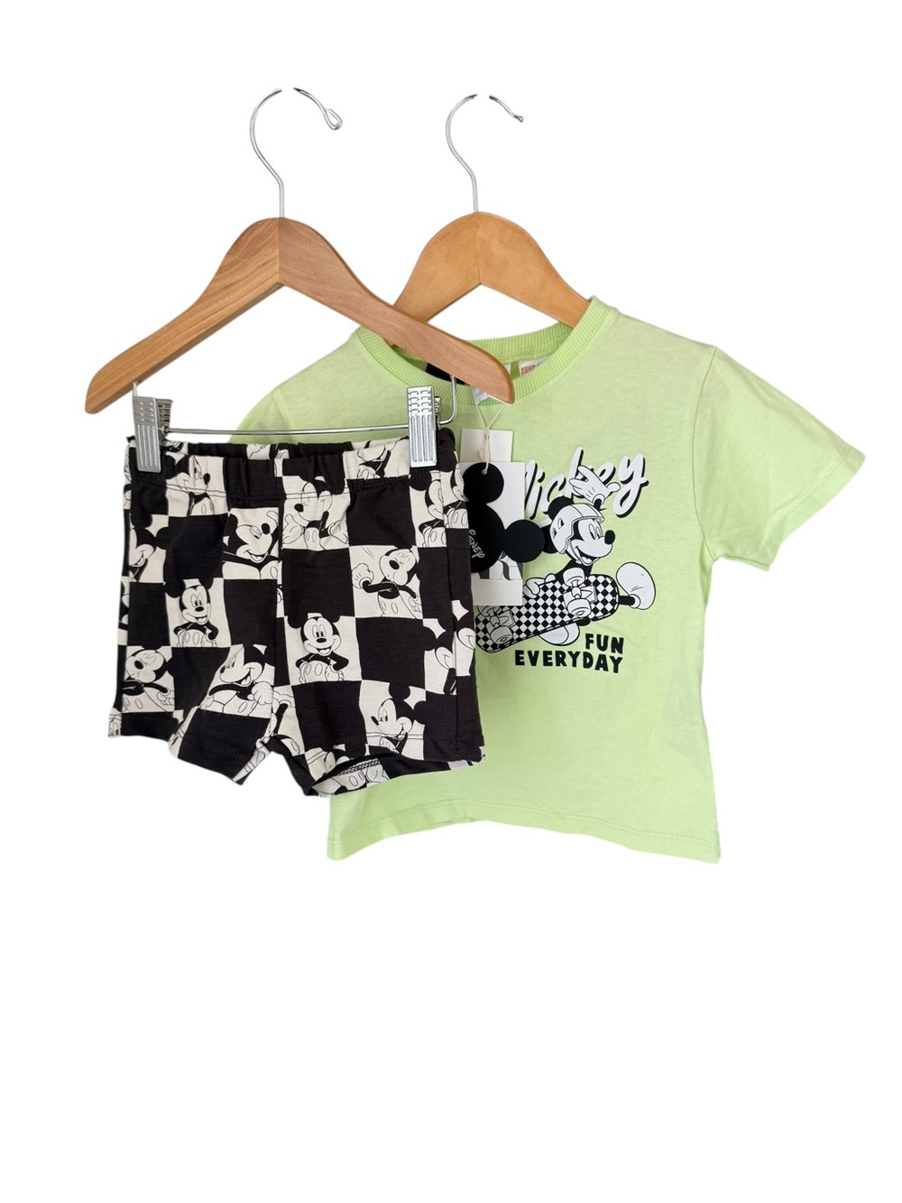 Zara Light Green Mickey Graphic Tee and Black/White Checker Shorts Set 12/18 M
